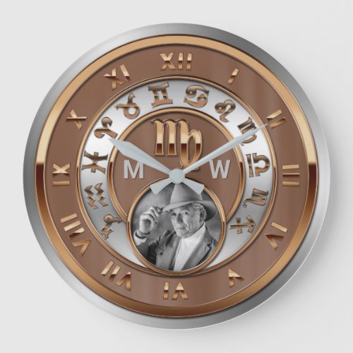 Zodiac Photo Bronze Silver Birthday Monogram Virgo Large Clock