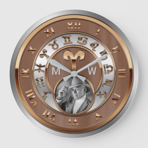 Zodiac Photo Bronze Silver Monogram Aries the Ram Large Clock
