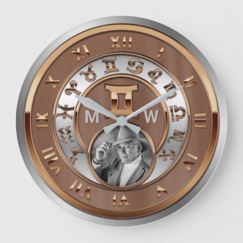 Zodiac Photo Bronze Silver Monogram Gemini Twins Large Clock