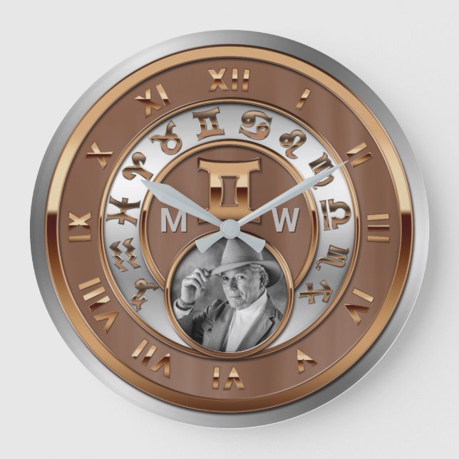 Zodiac Photo Bronze Silver Monogram Gemini Twins Large Clock (Front)