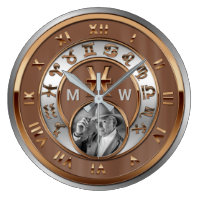 Zodiac Photo Bronze Silver Monogram Pisces Fish Large Clock