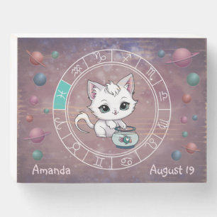 Zodiac Pisces Cute Cat Wheel Planets Astrology Wooden Box Sign