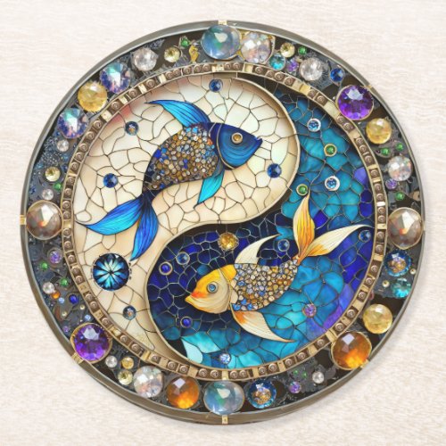 Zodiac _ Pisces Fish Yin and Yang Round Paper Coaster