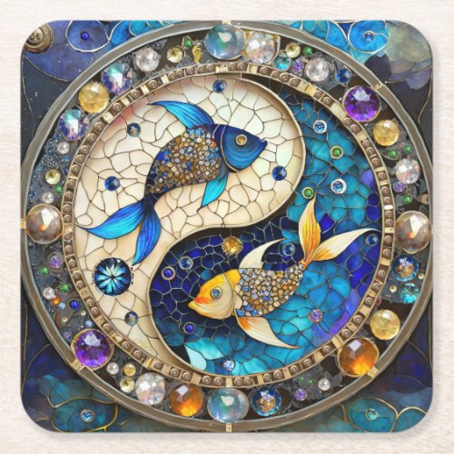 Zodiac _ Pisces Fish Yin and Yang Square Paper Coaster