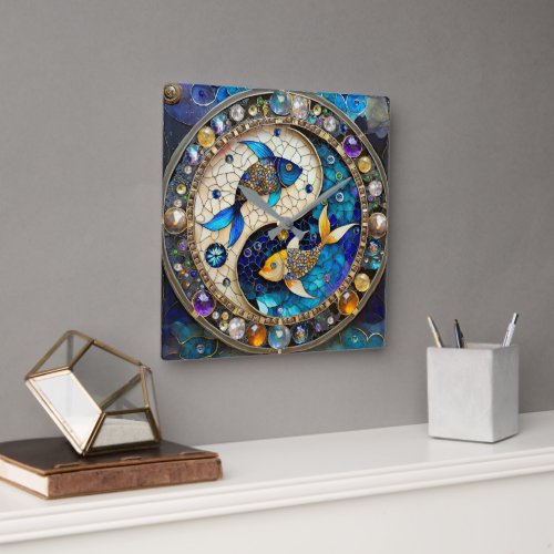 Zodiac _ Pisces Fish Yin and Yang Square Wall Clock