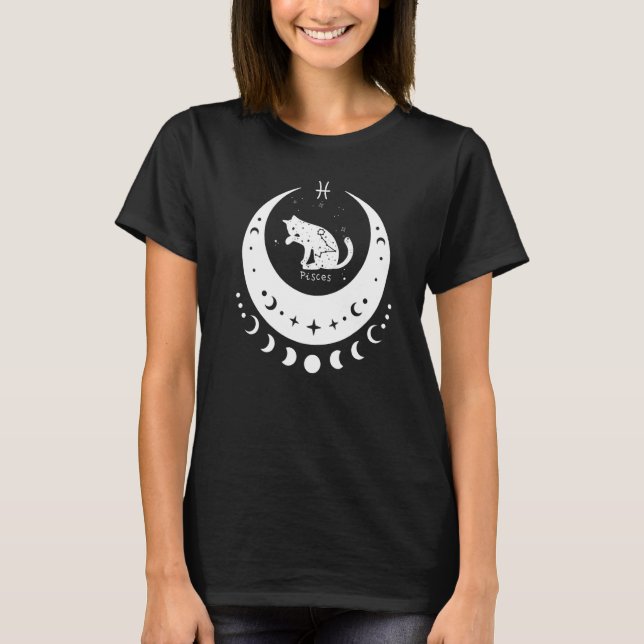 Zodiac Pisces Horoscope Astrology Sign Cat Crescen T-Shirt (Front)