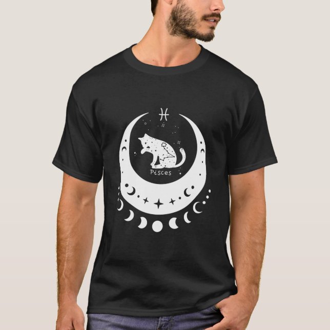 Zodiac Pisces Horoscope Astrology Sign Cat Crescen T-Shirt (Front)