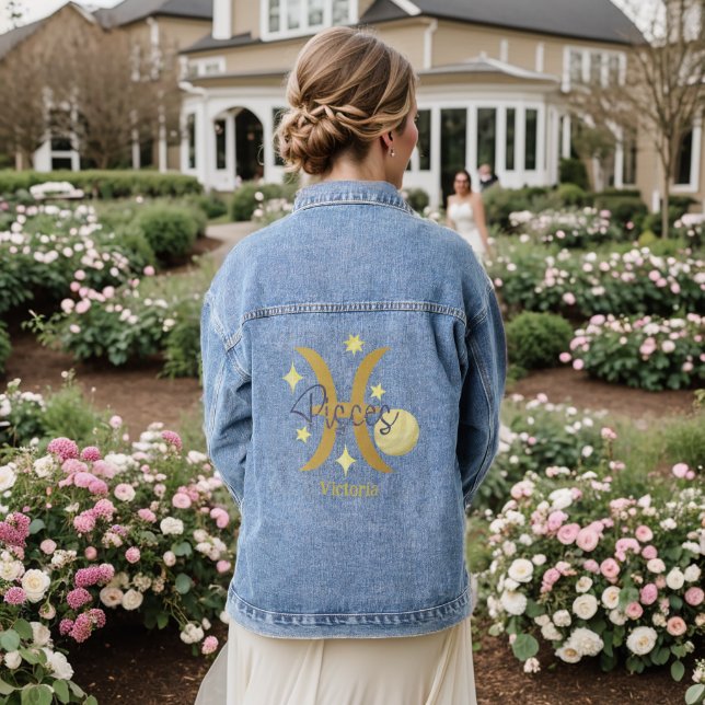 Zodiac Pisces Modern Personalized Jean Denim Denim Jacket (Wedding Back)