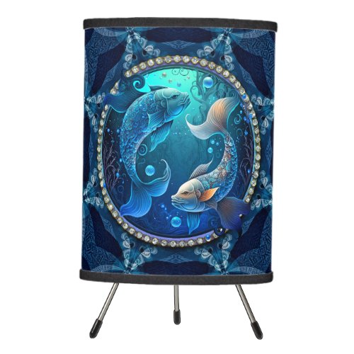 Zodiac Pisces Mystical Dreams Blue Lace Fractals Tripod Lamp