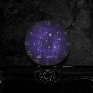 Zodiac Purple Aquarius Astrology Horoscope Round Clock