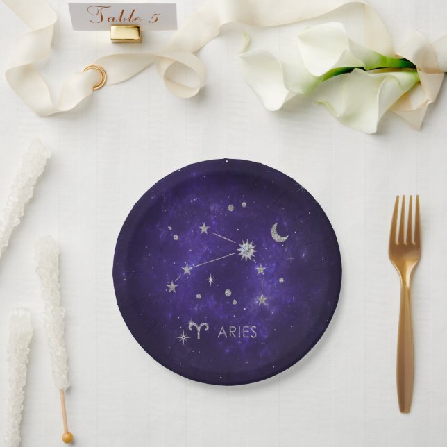 Zodiac Purple Aries | Cosmic Astrology Horoscope Paper Plates (Wedding)