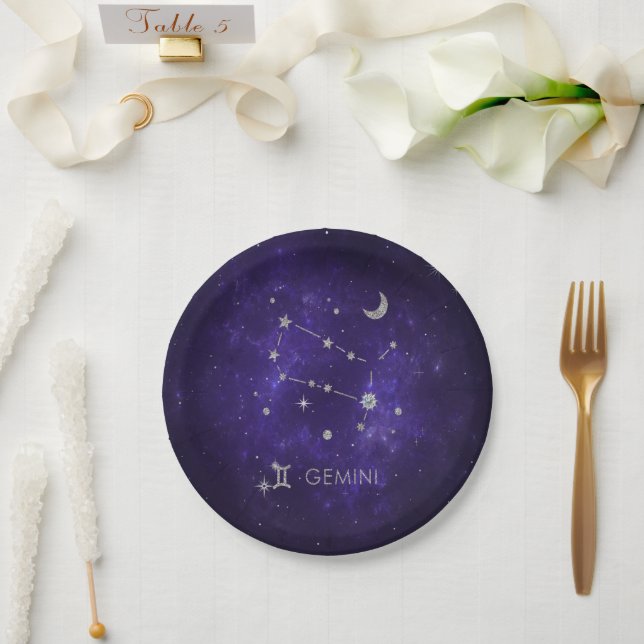 Zodiac Purple Gemini | Cosmic Astrology Horoscope Paper Plates (Wedding)
