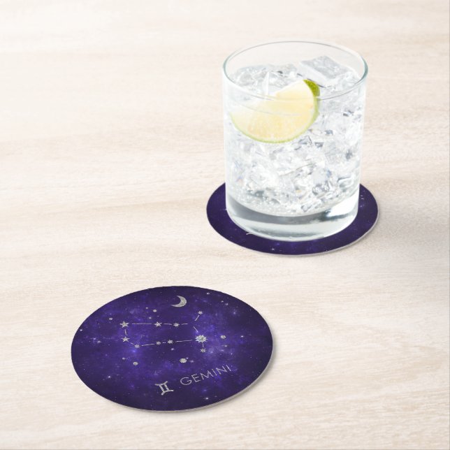 Zodiac Purple Gemini | Cosmic Astrology Horoscope Round Paper Coaster (Insitu)