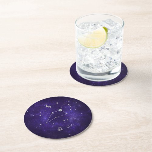 Zodiac Purple Leo  Cosmic Astrology Horoscope Round Paper Coaster