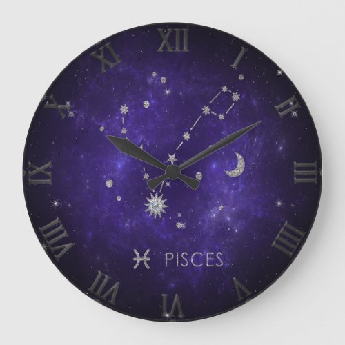 Zodiac Purple Pisces  Cosmic Astrology Horoscope Large Clock