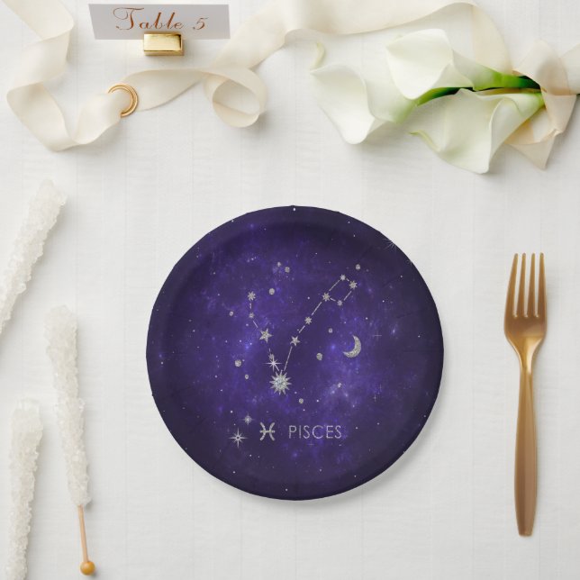 Zodiac Purple Pisces | Cosmic Astrology Horoscope Paper Plates (Wedding)