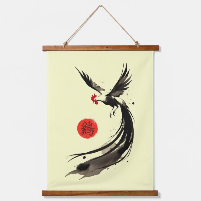 zodiac rooster ink art sumi-e hanging tapestry (Front)