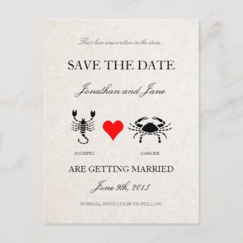 Zodiac Save The Date (scorpio/cancer) Gray Announcement Postcard by loveisthething at Zazzle