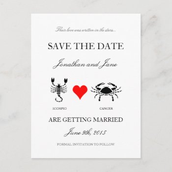 Zodiac Save The Date (scorpio/cancer) White Announcement Postcard by loveisthething at Zazzle