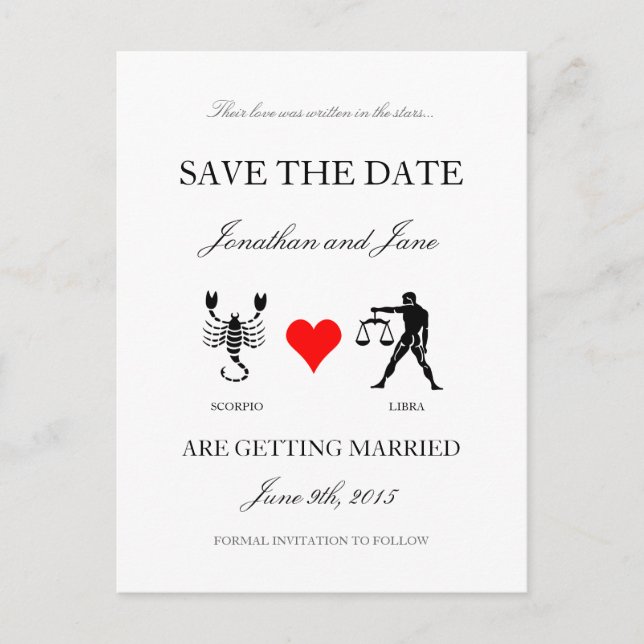 Zodiac Save the Date (Scorpio/Libra) White Announcement Postcard (Front)