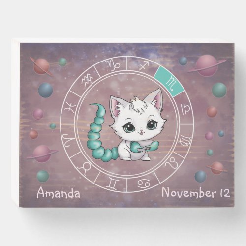 Zodiac Scorpio Cute Cat Wheel Planet Astrology   Wooden Box Sign