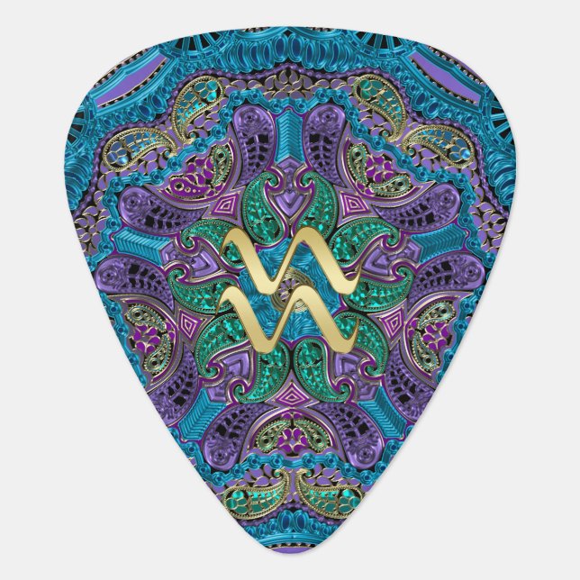 Zodiac Sign Aquarius Mandala Monogram Guitar Pick (Front)