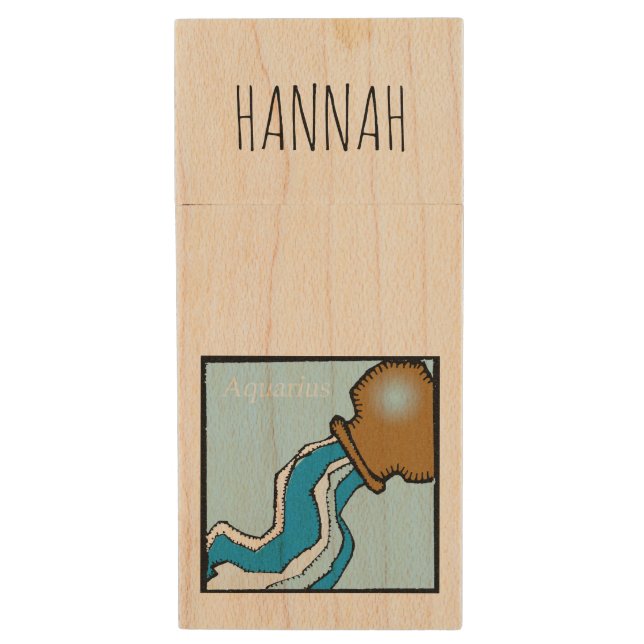 Zodiac Sign Aquarius personalized Birthday USB Wood Flash Drive (Front Vertical)
