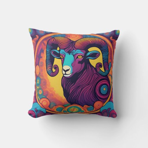 Zodiac Sign Aries Psychedellic Throw Pillow 16x16