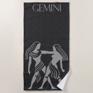 Zodiac Sign Black and Gray Couple Star Sign Gemini Beach Towel