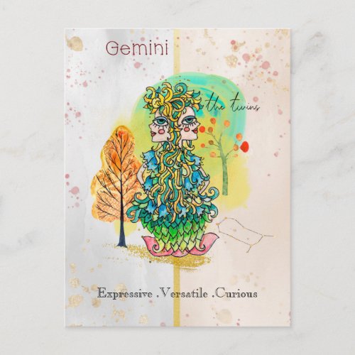 Zodiac Sign Gemini Whimsical Twins Green Yellow Postcard