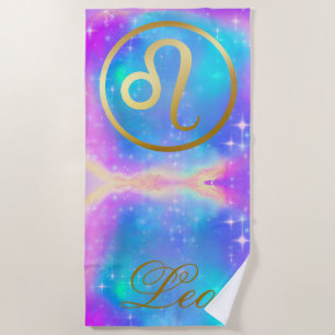 Zodiac Sign Leo Gold on Colorful Background Beach Towel