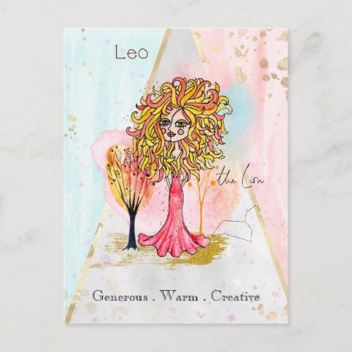 Zodiac Sign Leo The Lion Whimsical Girl Red Yellow Postcard