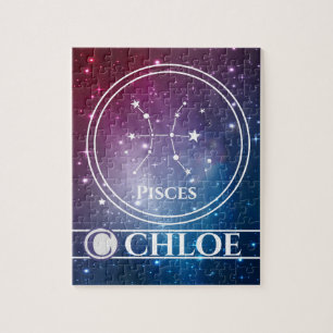 Zodiac Sign PISCES Purple Night Sky Stars Name Jigsaw Puzzle