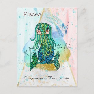 Zodiac Sign Pisces Whimsical Girl Symbolic Fish Postcard