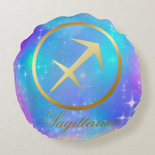 Zodiac Sign Sagittarius Gold Colorful Background Round Pillow