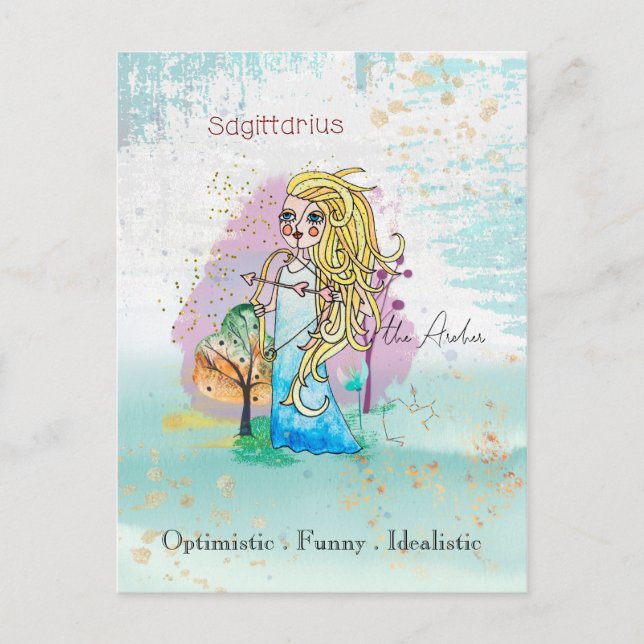 Zodiac Sign Sagittarius The Archer Girl Blue Postcard (Front)
