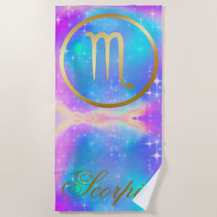 Zodiac Sign Scorpio Gold on Colorful Background Beach Towel