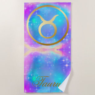 Zodiac Sign Taurus Gold on Colorful Background   Beach Towel