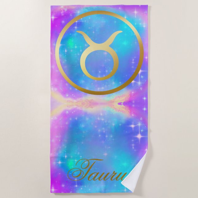 Zodiac Sign Taurus Gold on Colorful Background | Beach Towel (Front)