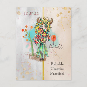 Zodiac Sign Taurus Whimsical Girl Symbolic Bull Postcard