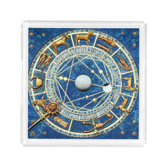 Zodiac Signs Celestial Wheel Astrology Blue Lunar Acrylic Tray (Front)
