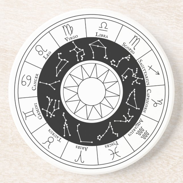 Zodiac Signs Circle Black and White Coaster (Front)