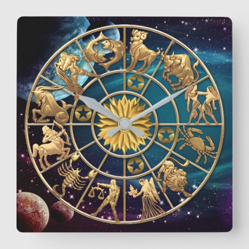 Zodiac Signs Four_Member Family Gold Stars Custom Square Wall Clock