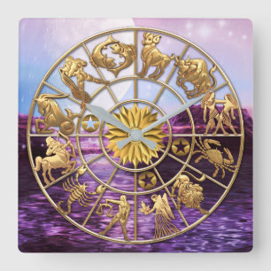 Zodiac Signs Three-Member Family Gold Stars Custom Square Wall Clock