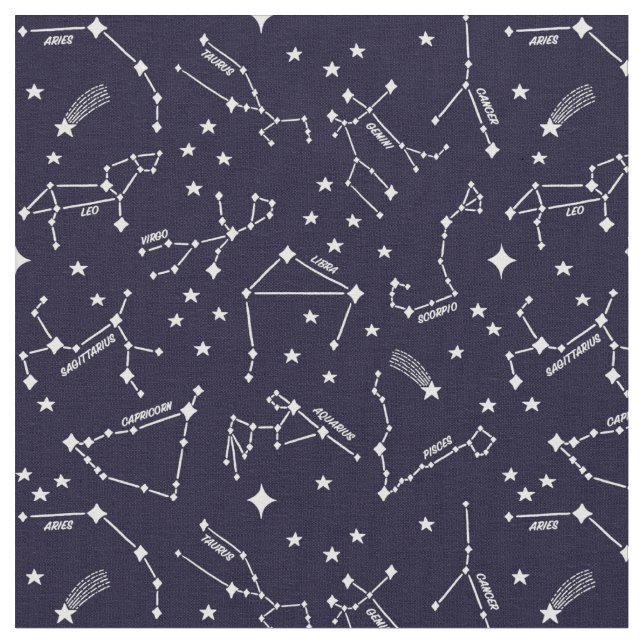 Zodiac Star Maps White On Dark Blue Cheeky Witch® Fabric (Close Up)
