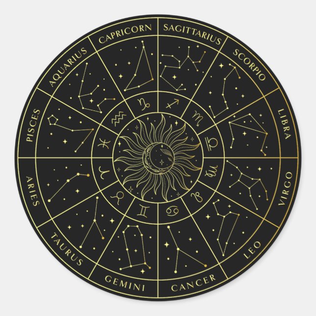 Zodiac star sign horoscope constellations map gold classic round sticker (Front)