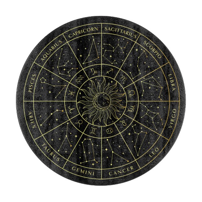 Zodiac star sign horoscope constellations map gold cutting board (Front)