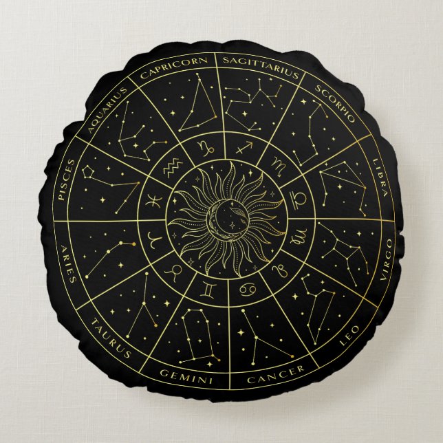 Zodiac star sign horoscope constellations map gold round pillow (Front)