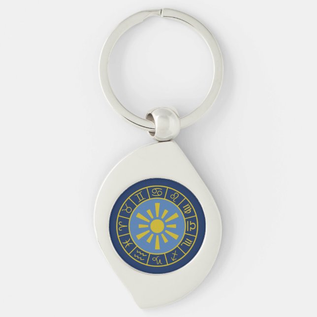 Zodiac Sun Wheel+Astrological Symbols Gold+Blues Keychain (Front)