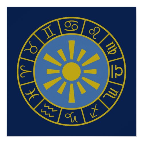 Zodiac Sun WheelAstrological Symbols GoldBlues Poster